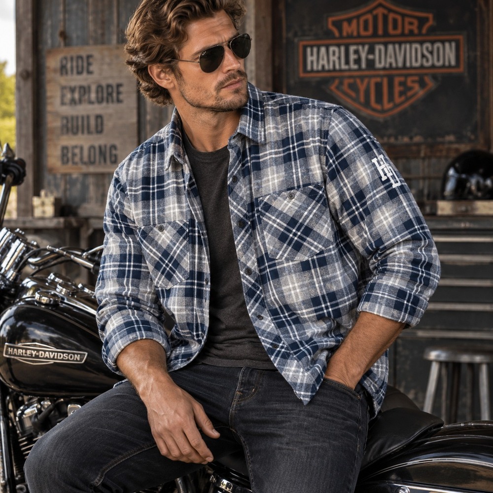 Harley Davidson Mens Plaid Cotton Flannel Shirt Sz L Blue Gray Biker Moto Grunge